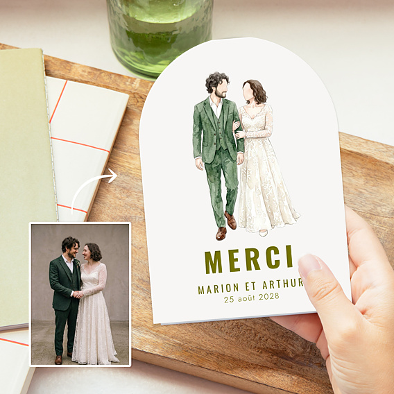 Carte remerciement mariage Portrait aquarelle aligné simple