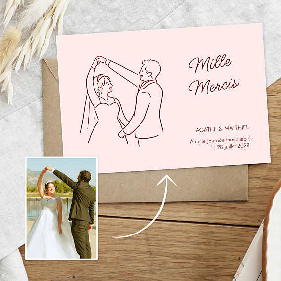 Carte remerciement mariage Portrait dessiné au trait