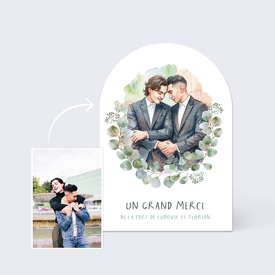 Carte remerciement mariage Portrait en aquarelle avec couronne eucalyptus