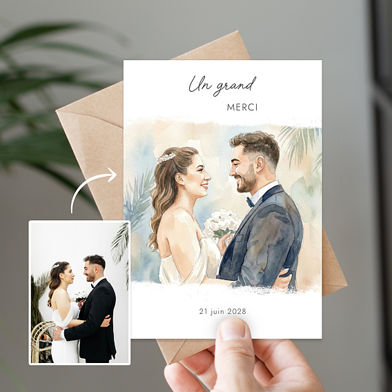 Carte remerciement mariage Portrait en aquarelle