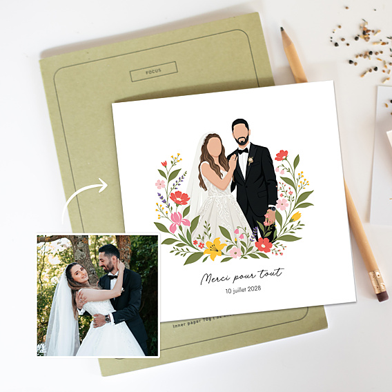 Carte remerciement mariage Portrait minimaliste avec couronne champêtre