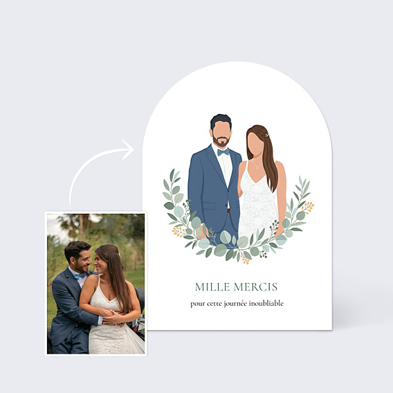 Remerciements mariage Portrait minimaliste avec couronne eucalyptus
