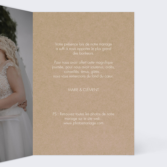 Carte remerciement mariage Parcemé Kraft Intérieur Droit