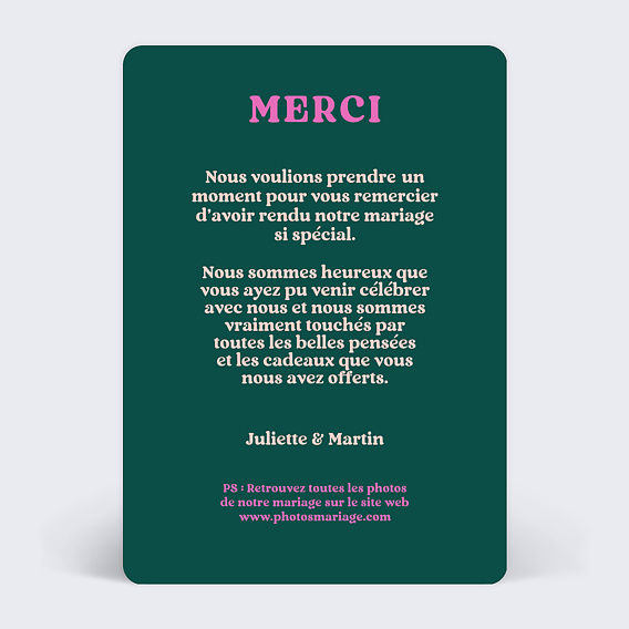 Carte remerciement mariage Acrostiche Verso