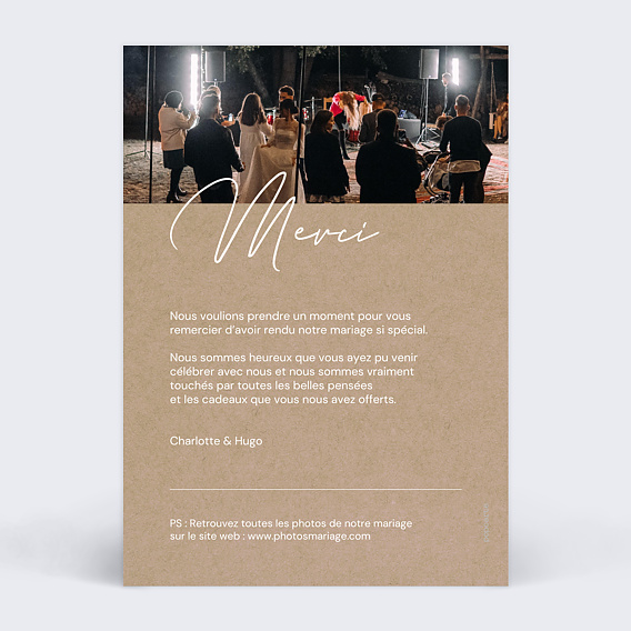 Carte remerciement mariage Amour débordant Portrait Verso