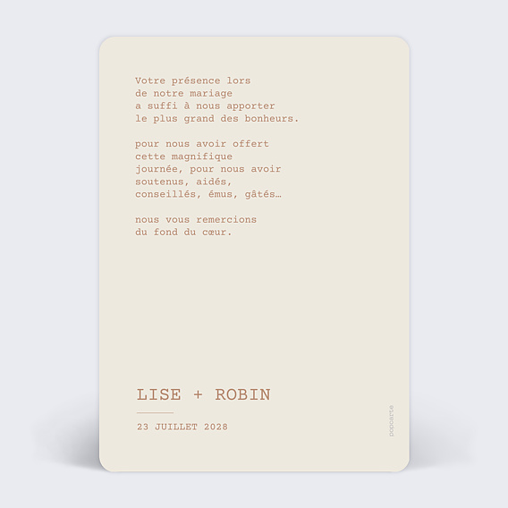 Carte remerciement mariage Arche avec texte Verso