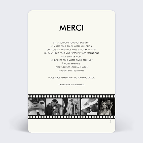 Carte remerciement mariage Bande Cinéma Verso