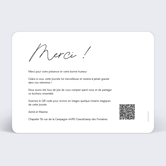 Carte remerciement mariage QR Code vidéo Verso