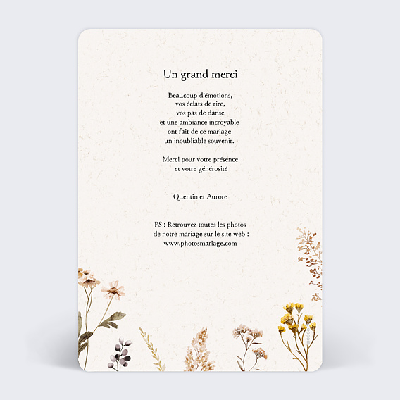 Carte remerciement mariage Bouquet Sauvage Verso