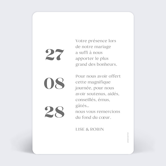 Carte remerciement mariage Date Verticale Verso