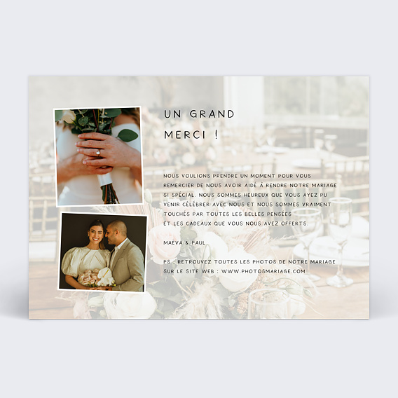 Carte remerciement mariage Filigrane Verso