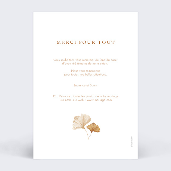 Carte remerciement mariage Ginkgo délicats Verso