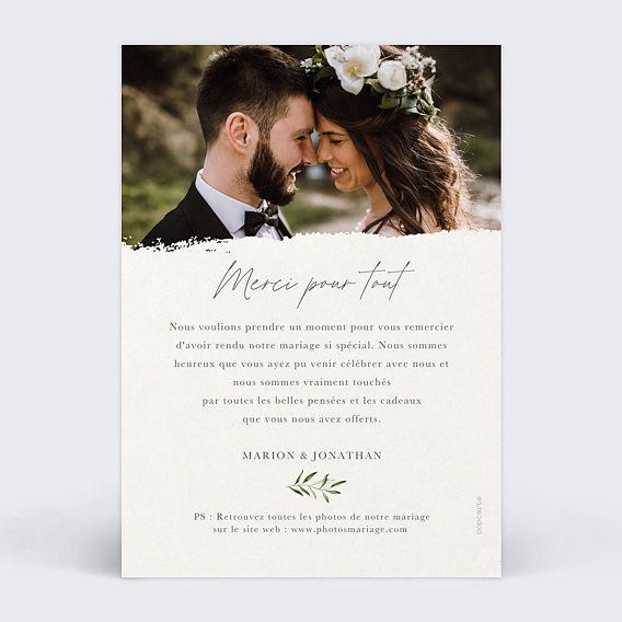 Carte remerciement mariage Olivier Mariage Verso