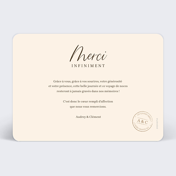 Carte remerciement mariage Voyage Mariage Verso
