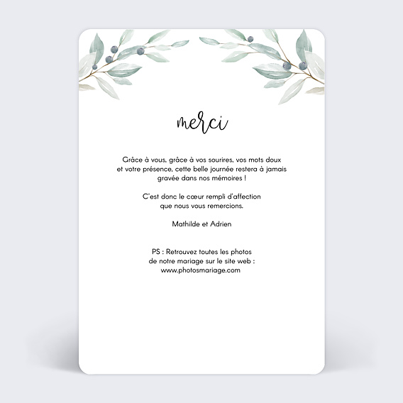 Carte remerciement mariage Branche d'Oliviers Verso