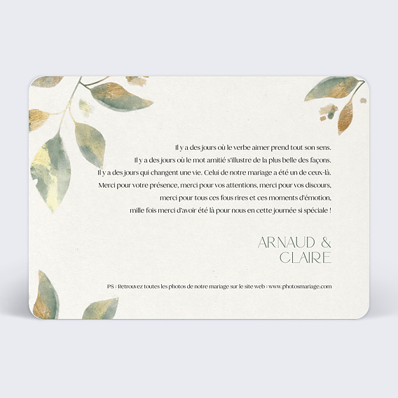 Carte remerciement mariage Feuilles de Jade avec Photo Verso