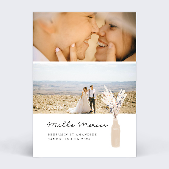 Carte remerciement mariage Fleur de pampa Recto