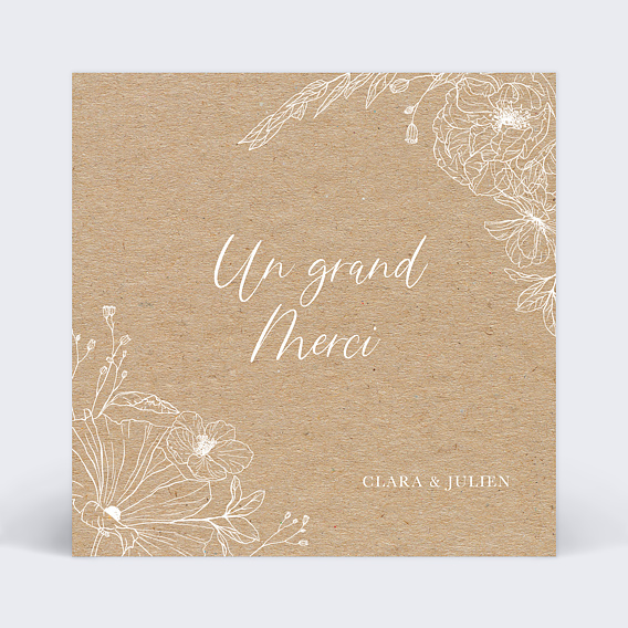 Carte remerciement mariage Gravure Kraft