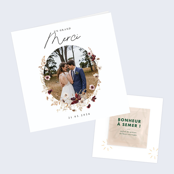 Carte remerciement mariage Couronne de Fleurs avec graines Après 1