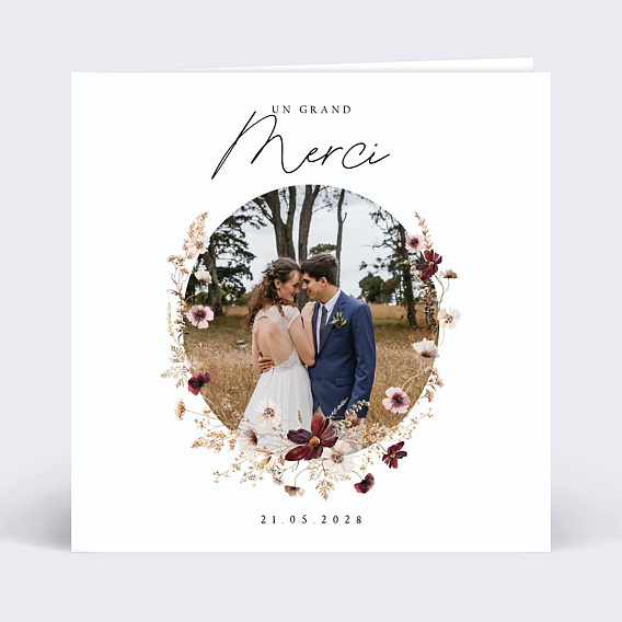 Carte remerciement mariage Couronne de Fleurs avec graines Recto