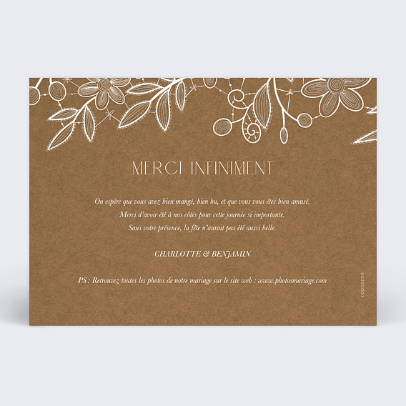 Carte remerciement mariage Dentelle Kraft Verso