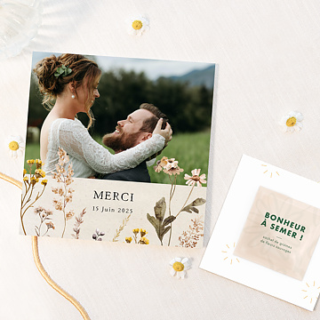 Carte remerciement mariage Bouquet Sauvage avec Graines