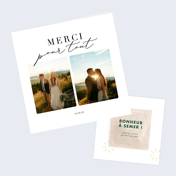 Carte remerciement mariage Grande Typo Merci avec graines Après 1