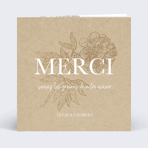 Carte remerciement mariage Merci fleuri avec graines Recto