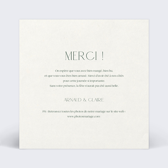 Carte remerciement mariage Feuilles de Jade Verso