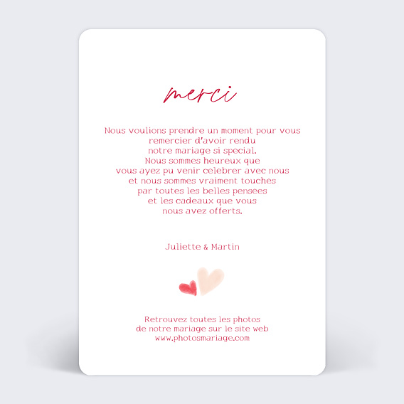 Carte remerciement mariage Mille mercis Verso