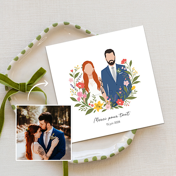 Remerciements mariage Portrait minimaliste avec couronne champêtre