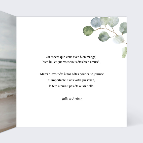 Carte remerciement mariage Couronne Eucalyptus Minimaliste Intérieur Droit