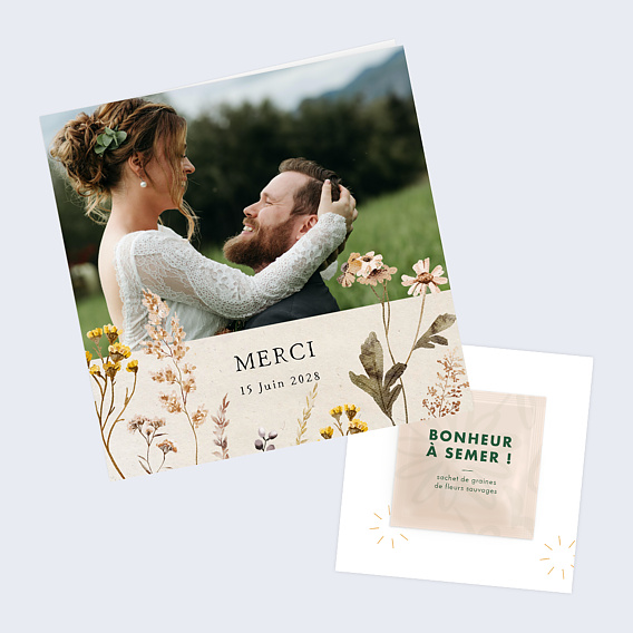 Carte remerciement mariage Bouquet Sauvage avec Graines Après 1