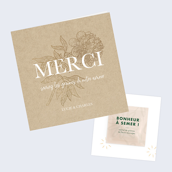 Carte remerciement mariage Merci fleuri avec graines Après 1