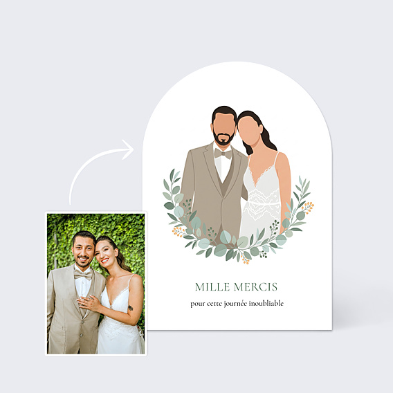 Remerciements mariage Portrait minimaliste avec couronne eucalyptus