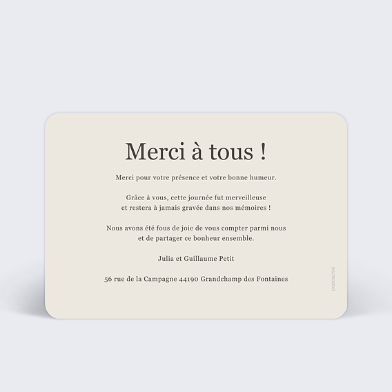 Carte remerciement mariage Merci de côté Verso