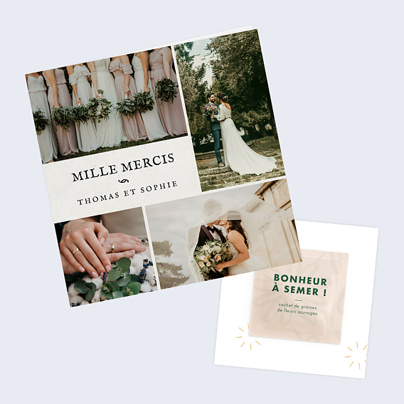 Carte remerciement mariage Douceur Chiné avec graines Après 1