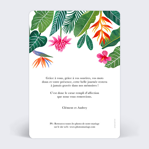 Carte remerciement mariage Paradis Exotique Verso