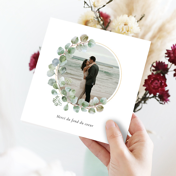 Carte remerciement mariage Couronne Eucalyptus Minimaliste Après 4