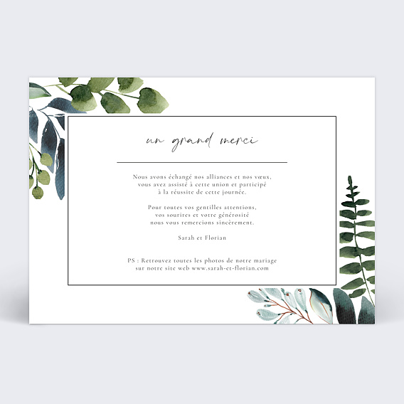 Carte remerciement mariage Idylle Végétale Verso