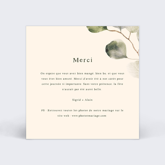 Carte remerciement mariage Eucalyptus Elégant Verso