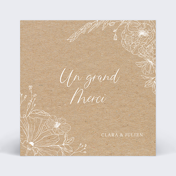 Carte remerciement mariage Gravure Kraft