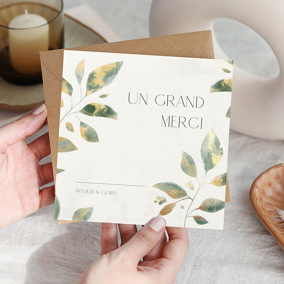 Carte remerciement mariage Feuilles de Jade