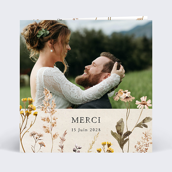 Carte remerciement mariage Bouquet Sauvage avec Graines Recto