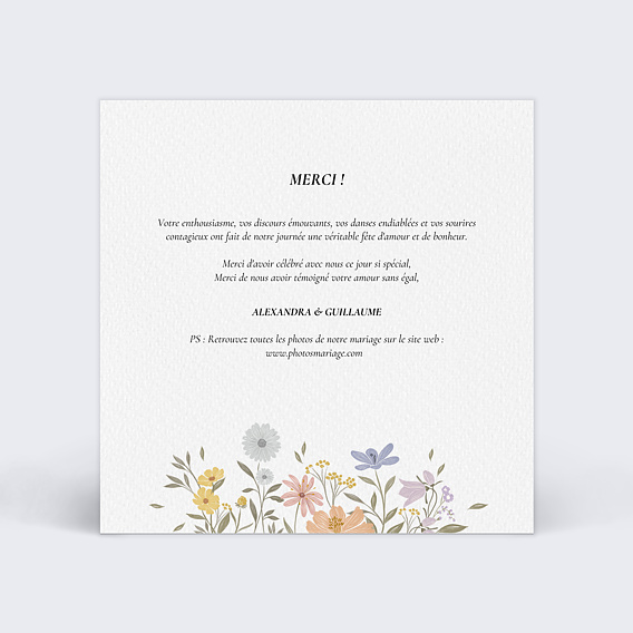 Carte remerciement mariage Étiquette Printanière Verso