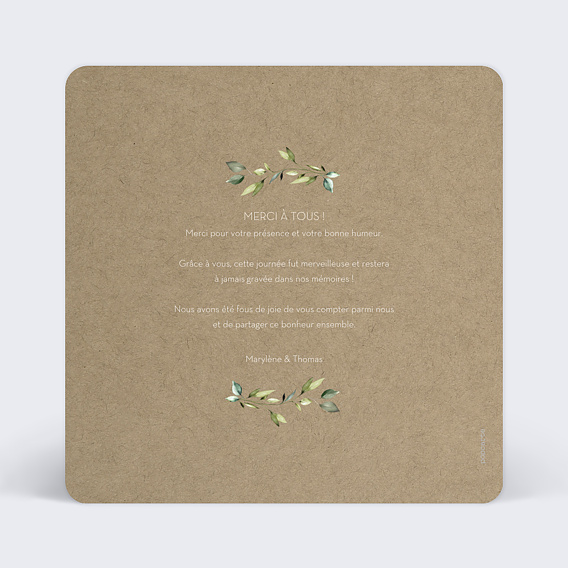 Carte remerciement mariage Couronne de Feuilles Verso