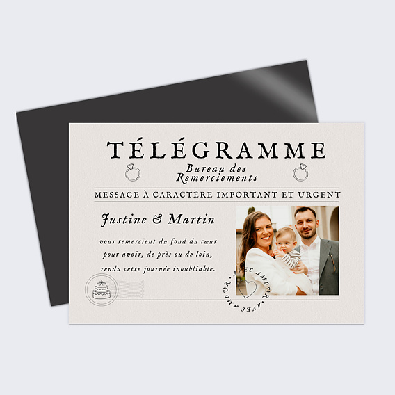 Carte remerciement mariage Télégramme