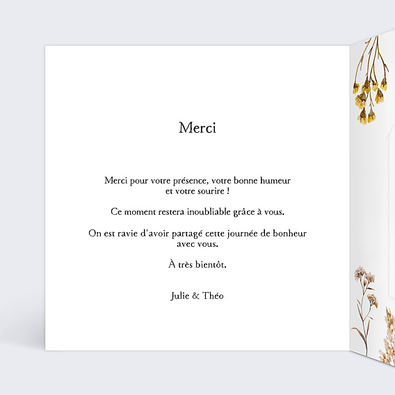 Carte remerciement mariage Bouquet Sauvage avec Graines Intérieur Gauche
