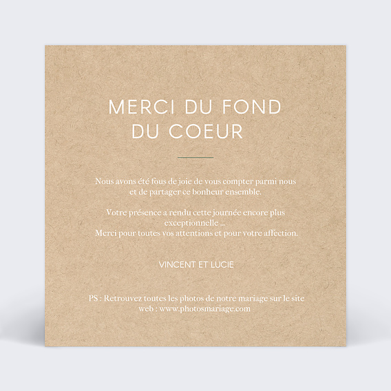 Carte remerciement mariage Feuilles kraft Verso