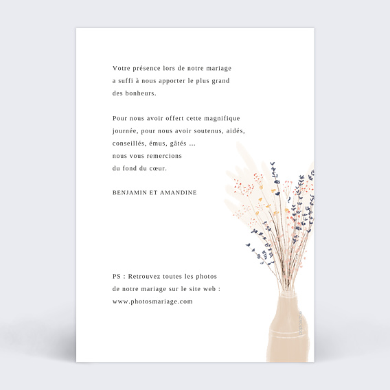 Carte remerciement mariage Fleur de pampa Verso